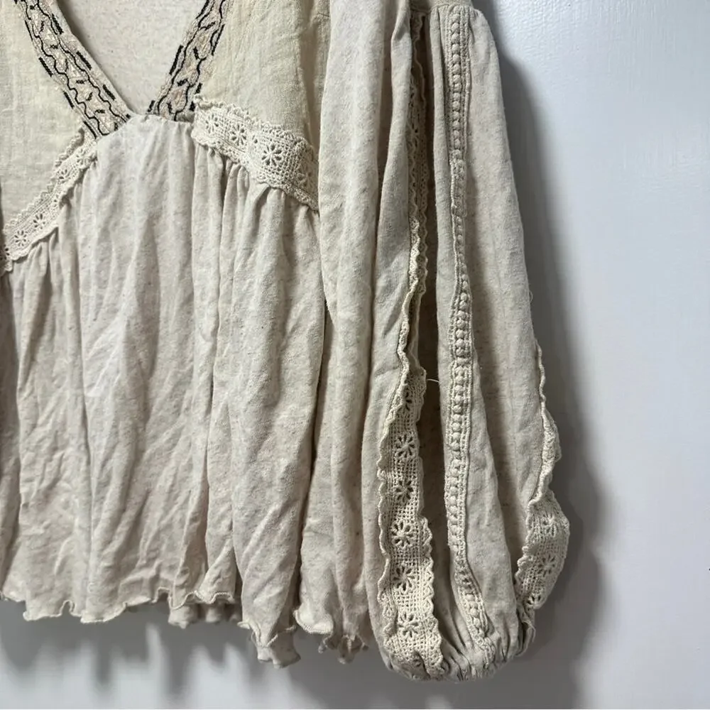 Miss Me Linen Babydoll Lace Embroidered V-Neck Top Flowy Coastal Cowgirl - Picture 5 of 9